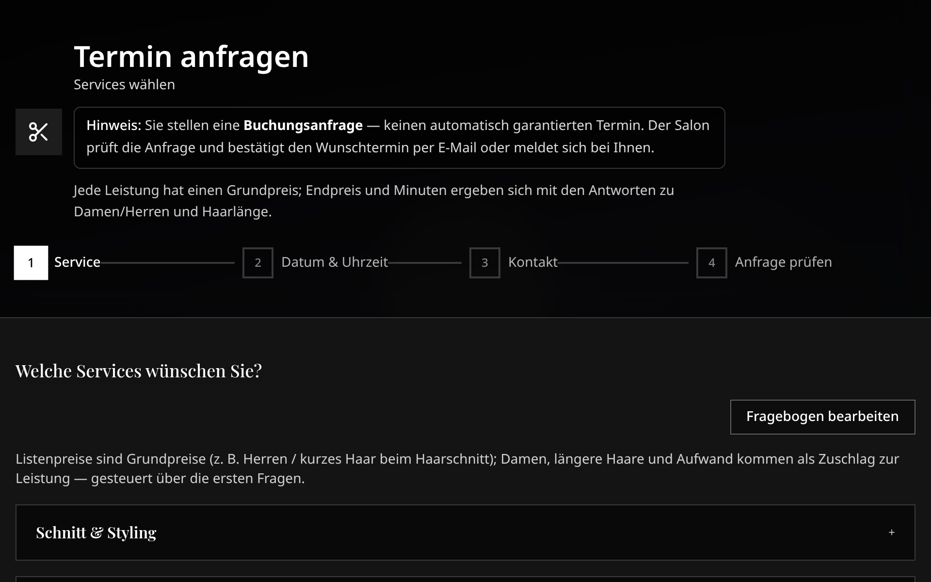 Salonseite Demo, Buchungswizard auf Desktop